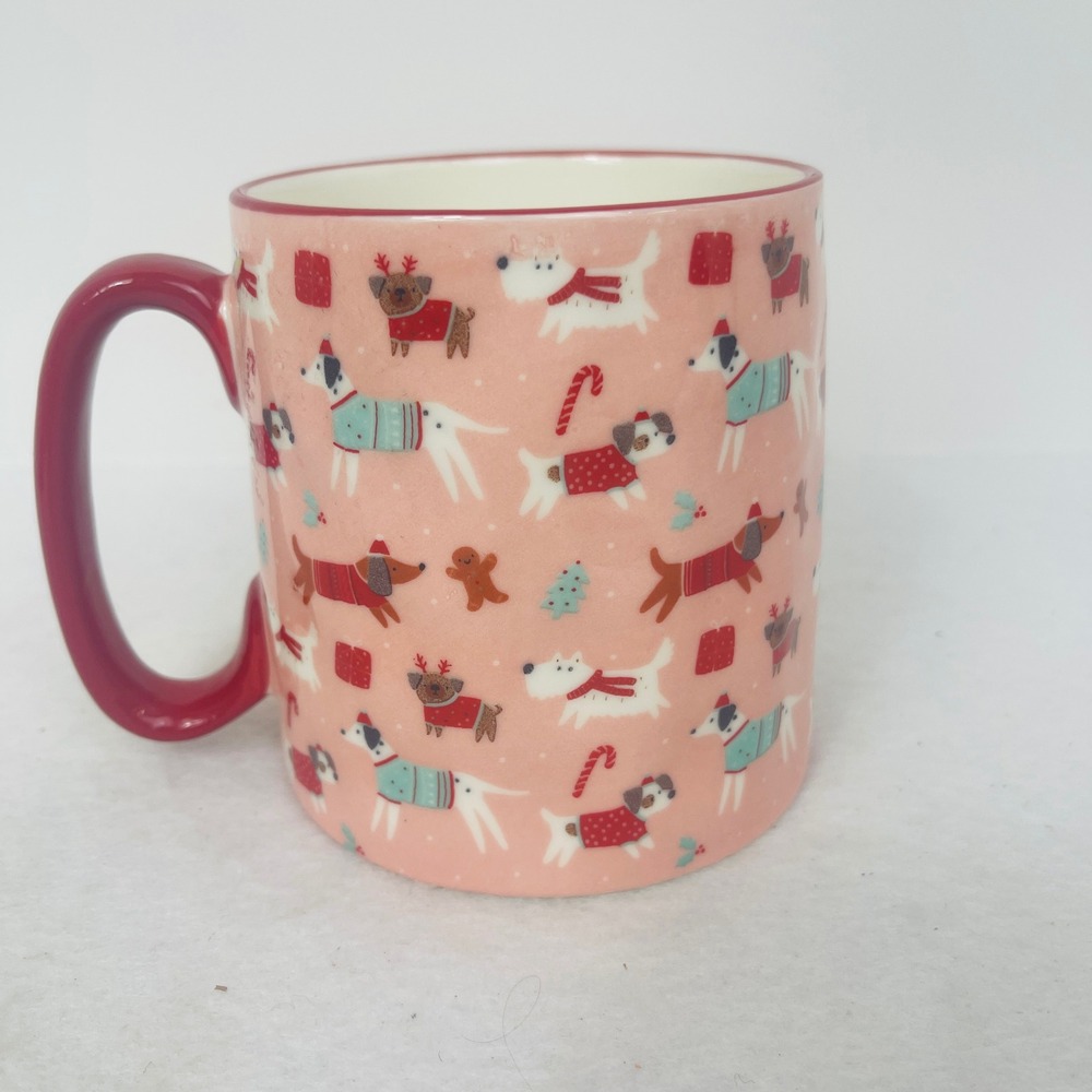 10 Strawberry Street Coffee Mug Pink Christmas Dogs Holiday Sweater Ceramic Exc - Picture 3 of 10